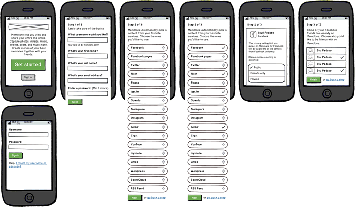 Wireframes of the sign up process in the Android app
