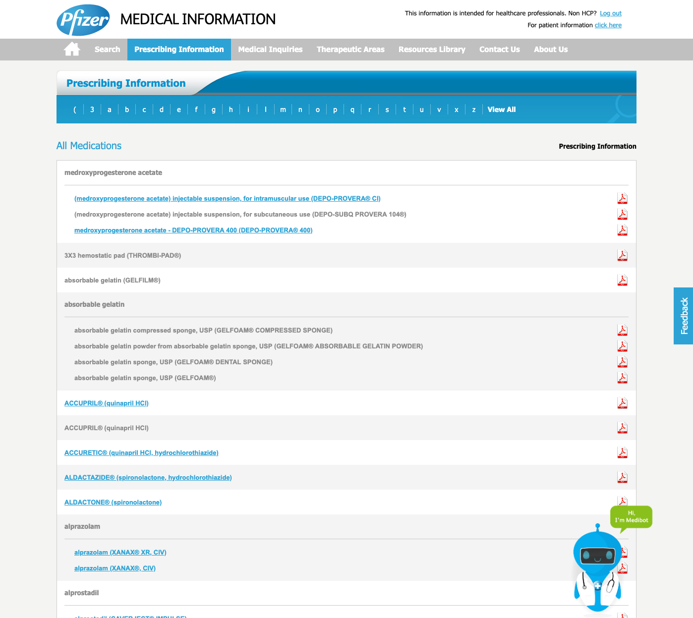 Image of the old medication listing page